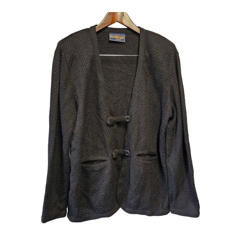 Vintage ANDES CRAFT‎ Baby Alpaca Silk Cardigan Black Shoulder Pads